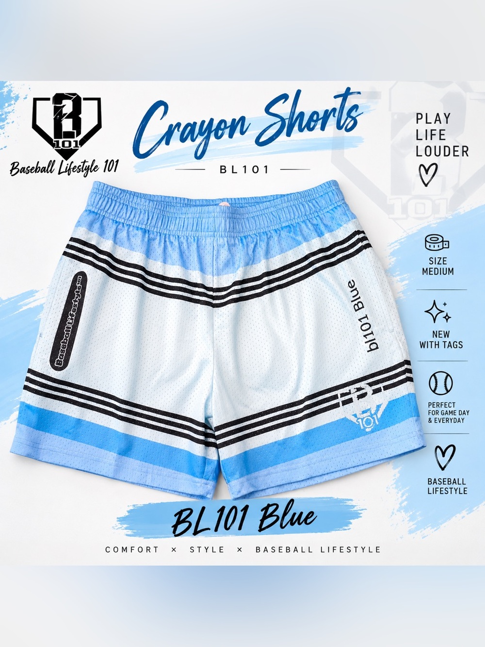 Baseball Lifestyle 101 BL101 Crayon Shorts Blue M NWT
